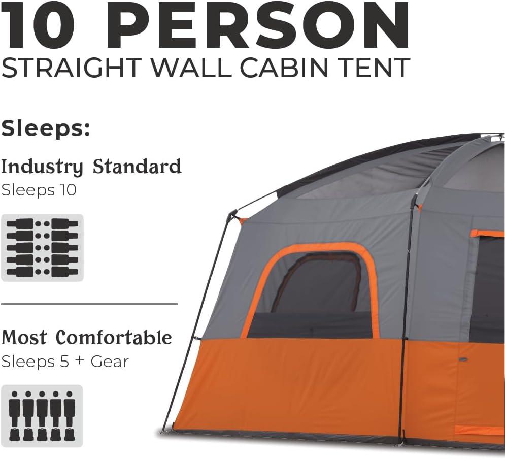 Core Equipment 10 Person Straight Wall Cabin Camping Tent - 14' x 10' x 86" H