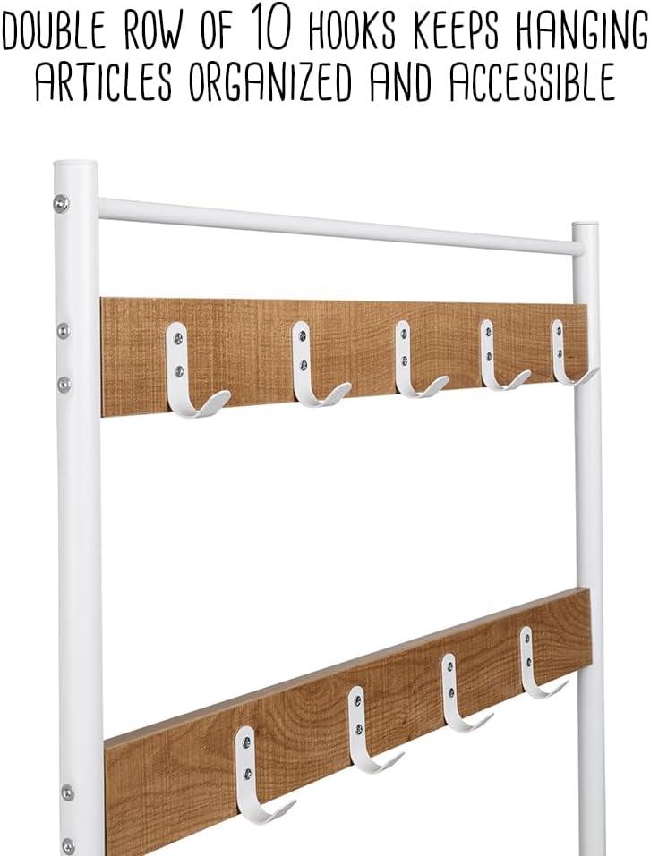 Honey-Can-Do Steel and MDF Freestanding Entryway Hall Tree with 9 Hooks and Shoe Storage Bench, White/Natural