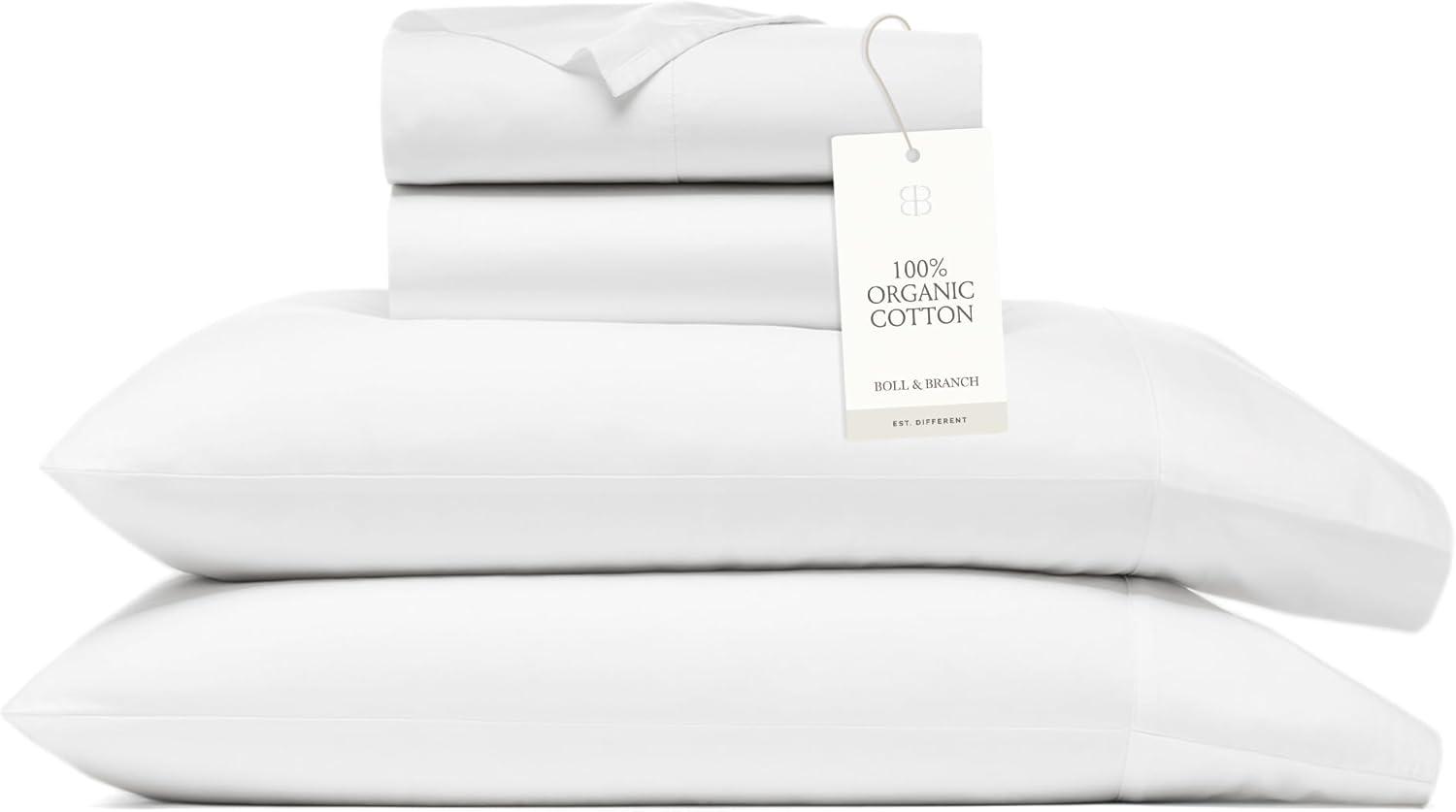 BOLL & BRANCH Signature Hemmed Sheet Set - Twin, White - Luxury 100% Organic Cotton - Includes 1 Flat, 1 Fitted, 2 Pillowcases - Buttery Soft