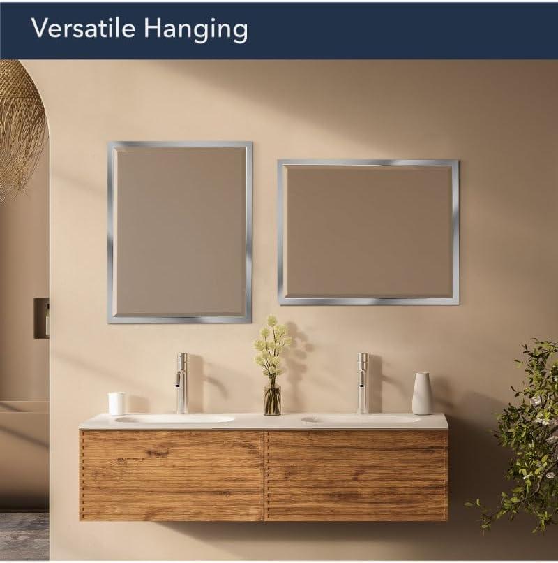 Head West Brushed Chrome Framed Bathroom Mirror - Beveled Edge Rectangle Vanity Mirror - Modern Living Room Accent and Home Decor with Vertical and Horizontal Mount - 24" x 30"