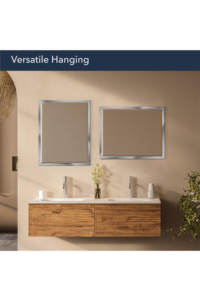 Head West Brushed Chrome Framed Bathroom Mirror - Beveled Edge Rectangle Vanity Mirror - Modern Living Room Accent and Home Decor with Vertical and Horizontal Mount - 24" x 30"