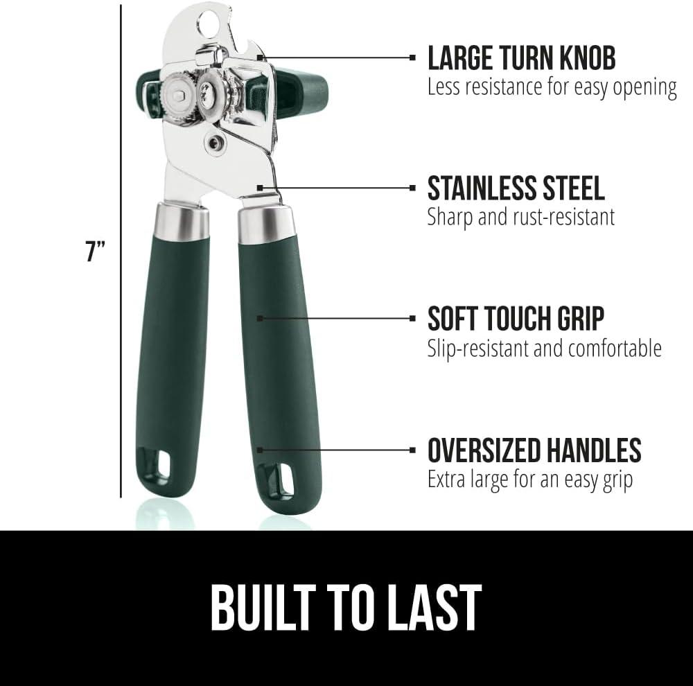 Gorilla Grip Stainless Steel Manual Can Opener, Soft Touch Handle, Built-In Bottle Opener, Mint