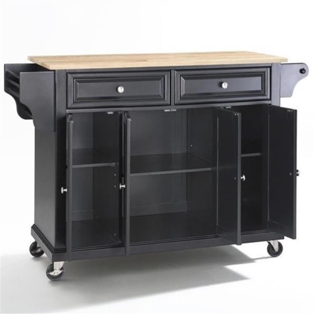 Full Size Wood Top Kitchen Cart Black - Crosley: Mobile Storage, 3 Cabinets, Spice Rack