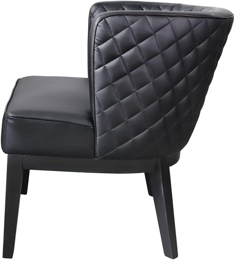 Elegant Quilted Black Leather Barrel Accent Chair with Wood Base