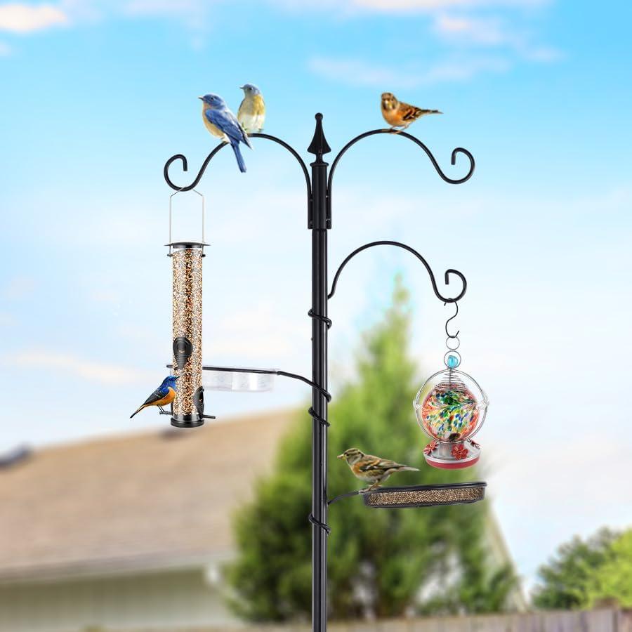 Bird Feeding Station Kit - 77" Bird Feeder Pole with 5 Prong Base, Wild Bird Feeder Stand for Outdoors Hanging Bird Feeders - Black