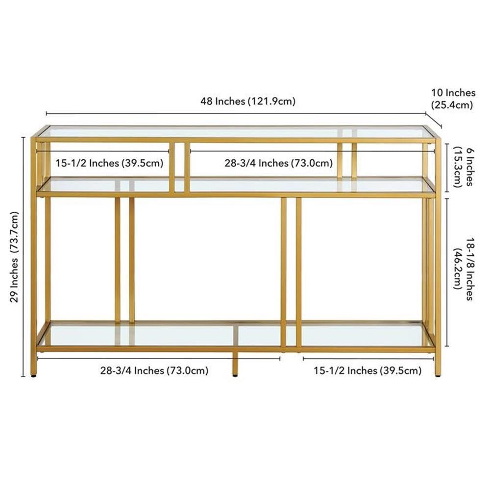 Evelyn&Zoe Cortland 48" Wide Rectangular Console Table with Glass Shelves, Brass