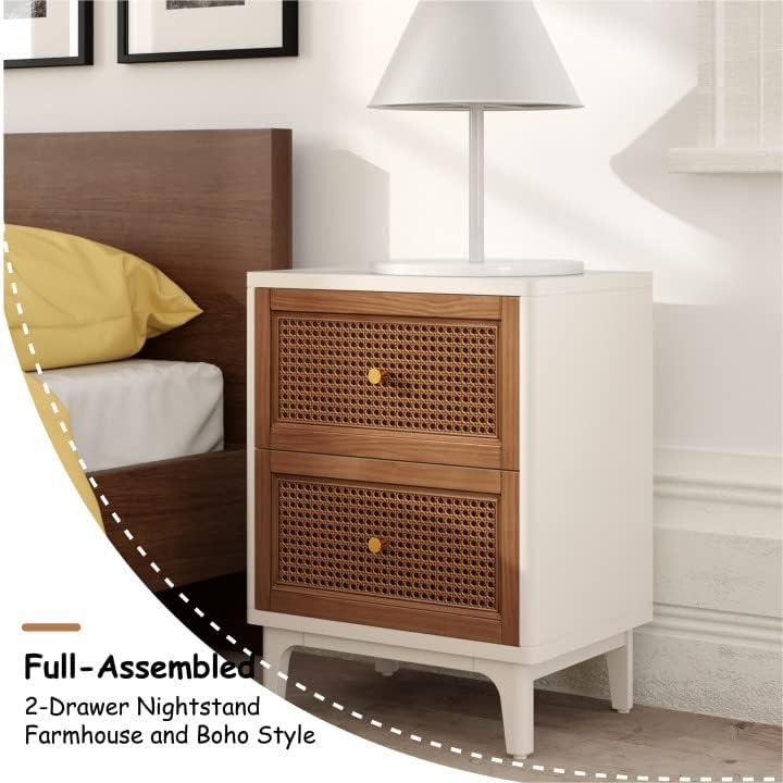 COZAYH 2-Drawer Woven Cane Front Accent Nightstand with Brass Knobs for Living Room, Hand-Scratched Aging Finish, Bedroom, White