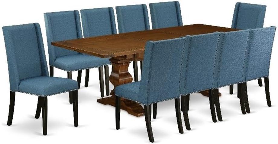 Luxe by East West Furniture 11 Piece Dining Table Set Includes a Rectangle Dining Room Table with Removable Leaf and 10 Blue Linen Fabric Upholstered Chairs, Antique Walnut