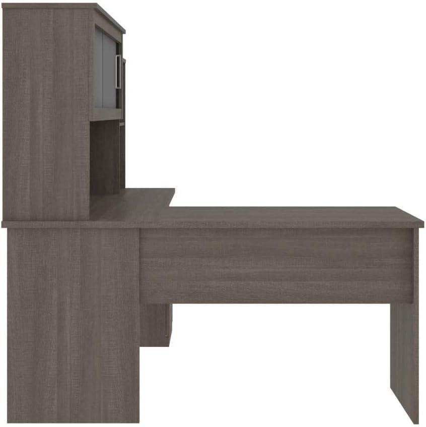 Bark Gray L-Shaped Wood Desk with Hutch and Keyboard Tray