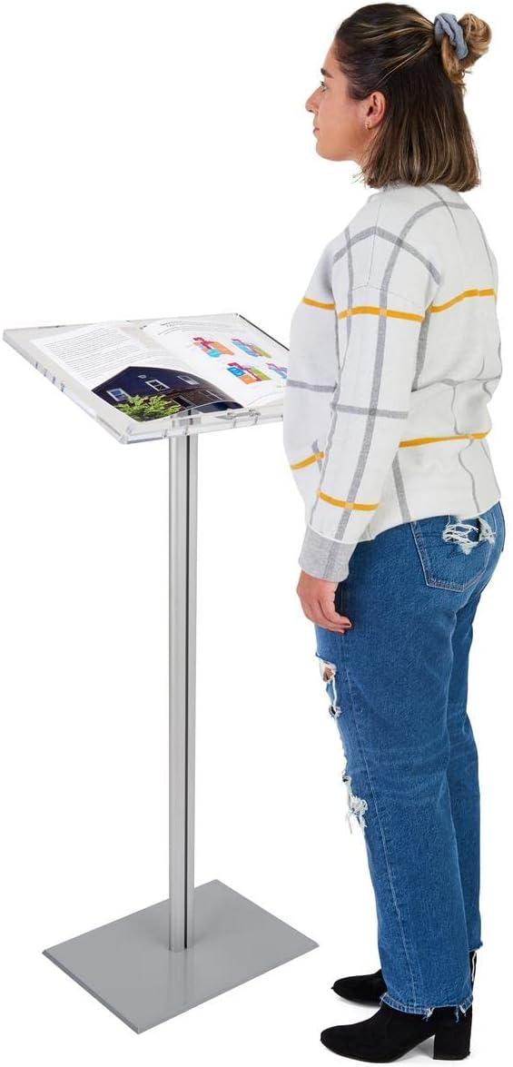 Displays2go CLRLECBNDS Floor Standing Speaking Podium, Slanted Top, Quick Assembly, Silver