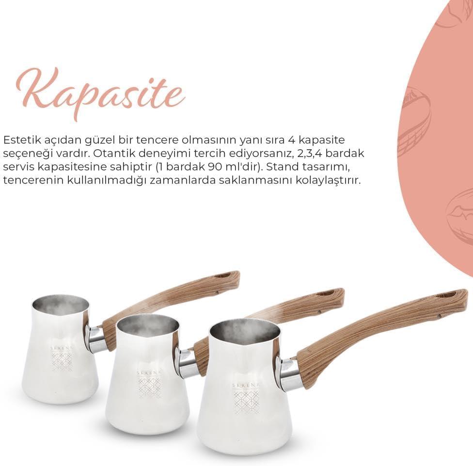 Serenk Turkish Coffee Pot Set, 4-Piece Stainless Steel w/Stand, 2-4 Cup Sizes, 18/10 Steel, Gas Stove Compatible