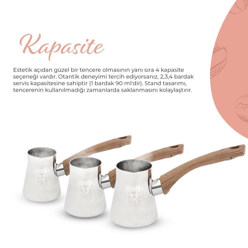 Serenk Turkish Coffee Pot Set, 4-Piece Stainless Steel w/Stand, 2-4 Cup Sizes, 18/10 Steel, Gas Stove Compatible