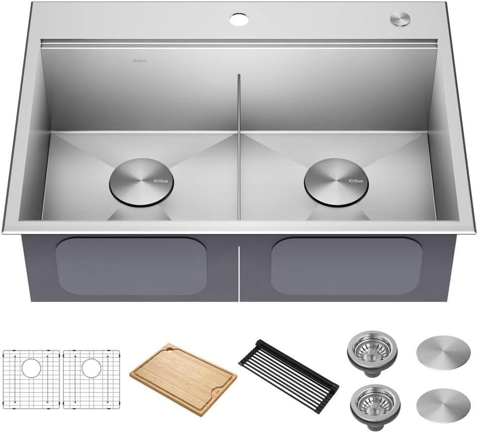 KRAUS Kore™ 30" L Drop-In Workstation 16 Gauge Stainless Steel Double Bowl Kitchen Sink with Accessories