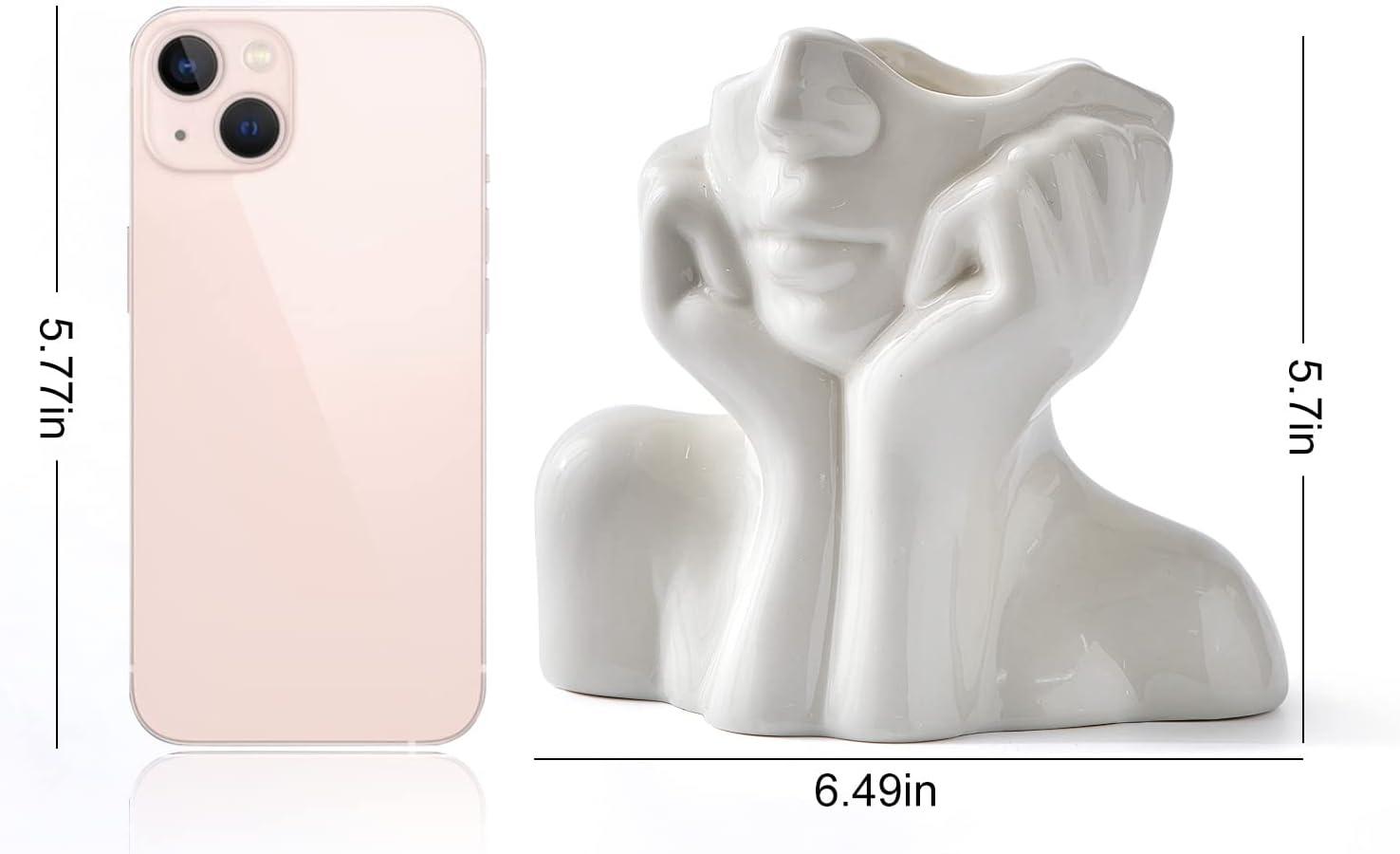 FJS Ceramic Face Vase, White Flower Vase for Decor, 5.3" W x 4.7" H Modern Decorative Vase Centerpiece for Table Shelf Living Room Office Bedroom