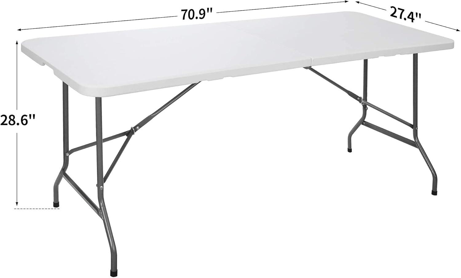 saney 6 ft Indoor Outdoor Heavy Duty Plastic Folding Table Portable Picnic Table Fold-in-Half Utility Table w/Handle and Steel Legs for Camping, Dining, Party, 71 x 27 Inch, White