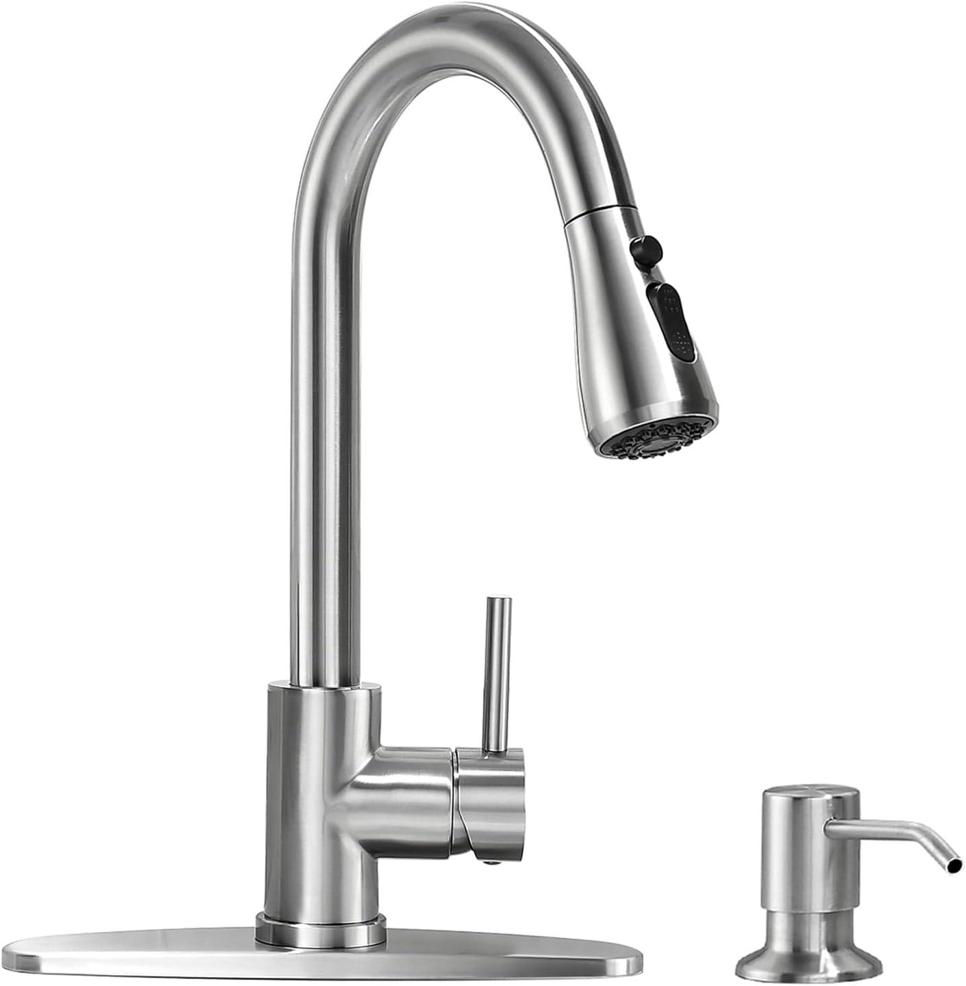 Brushed Nickel Single Handle Pull Down Kitchen Faucet with Soap Dispenser