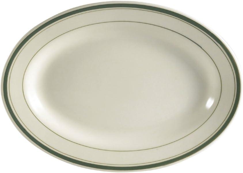 Green Banded Ceramic Oval Platter, 12.5 x 8.6 Inches