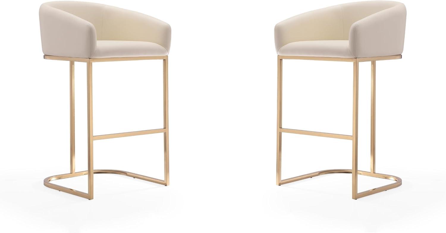 Set of 2 Louvre Upholstered Stainless Steel Barstools Cream: Gold Base, Faux Leather, No Assembly - Manhattan Comfort