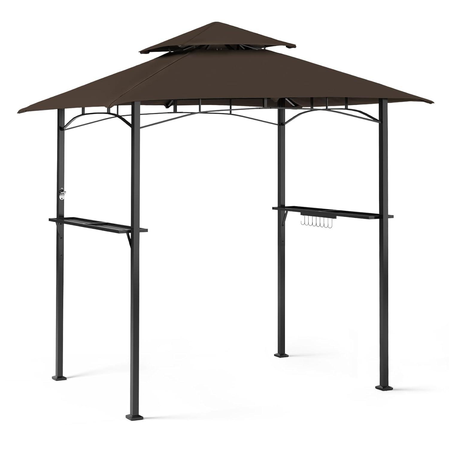Incbruce 8' X 5' Grill Gazebo Canopy, Outdoor BBQ Gazebo Canopy with Double Tiered Tent Roof Cover & Metal Frame for Patio, Garden, Backyard (Brown)
