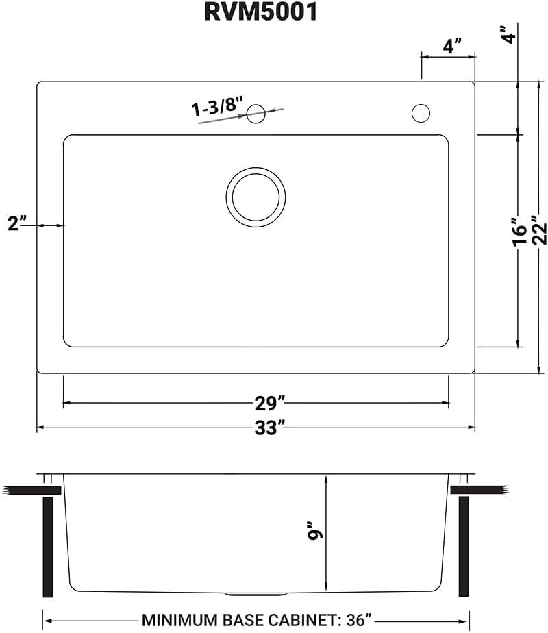 Ruvati 33 x 22 inch Drop-in Topmount Kitchen Sink 16 Gauge Stainless Steel Single Bowl