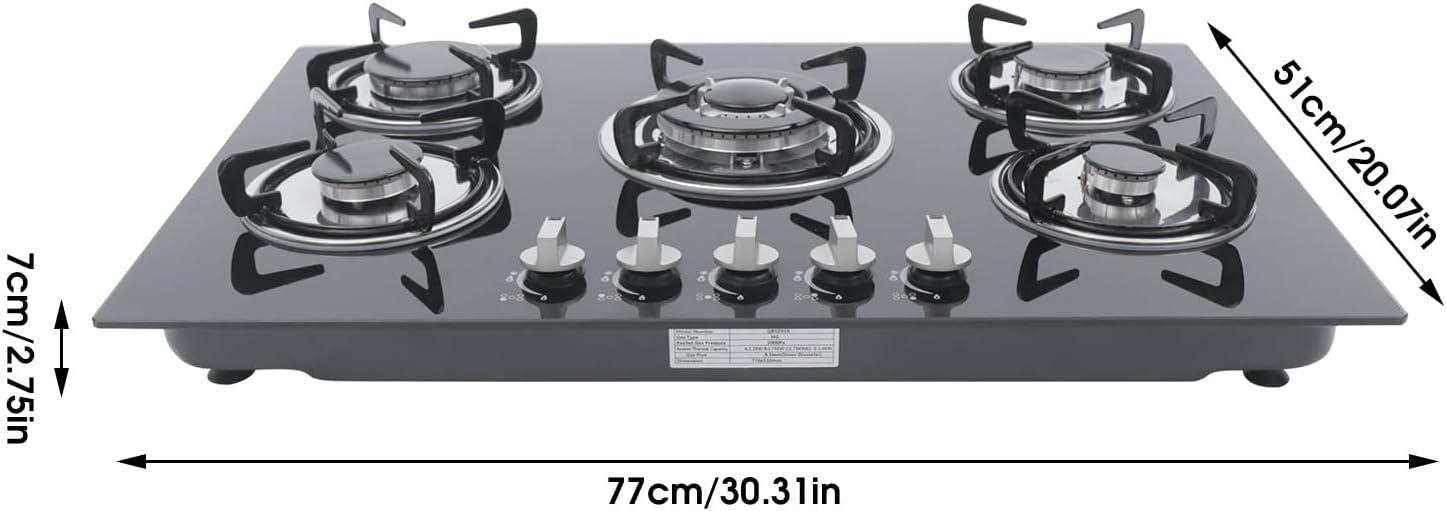 30"  Gas Stove Cooktop, 5 Burners Built-in Tempered Glass LPG/NG Stove with Flameout Protection for Kitchen Black