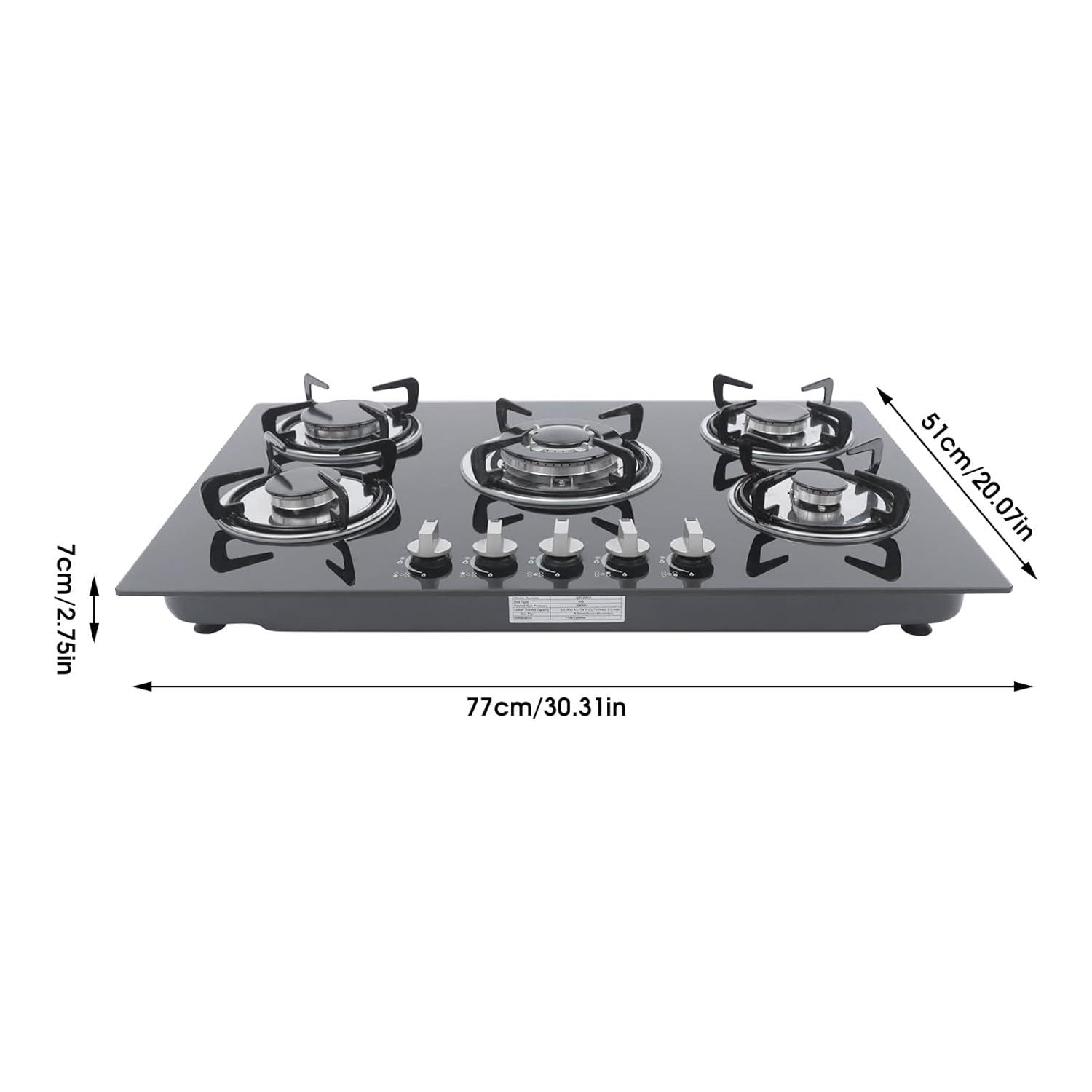 30"  Gas Stove Cooktop, 5 Burners Built-in Tempered Glass LPG/NG Stove with Flameout Protection for Kitchen Black