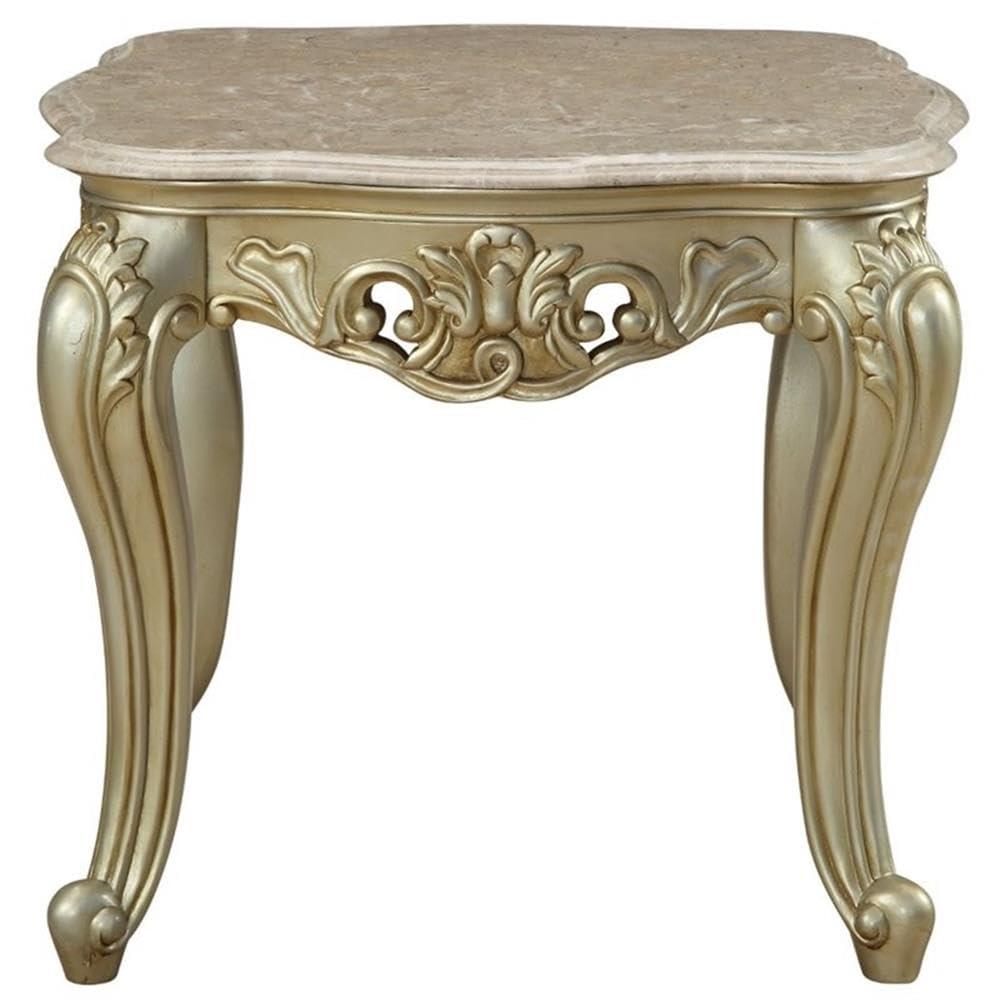 HomeStock End Table W/Marble Top, Marble & Baroque Bliss White