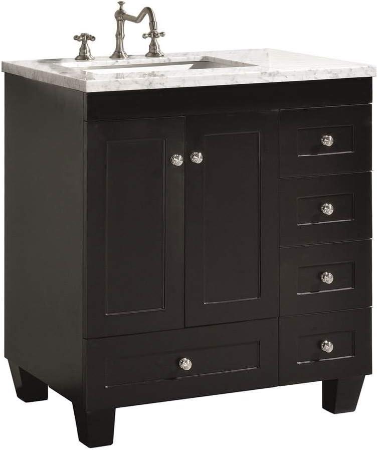 Eviva Acclaim C. 28" Transitional Espresso Bathroom Vanity with White Carrara Quartz Countertop