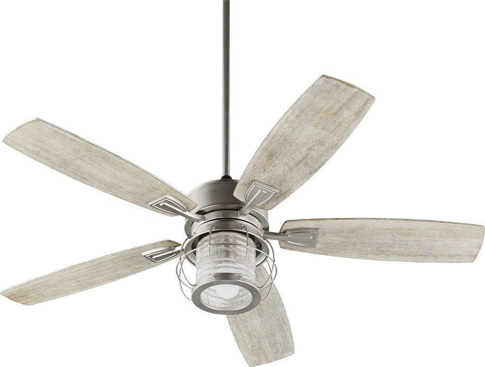 Quorum 3525-65 Protruding Mount, 5 Weathered Oak Blades Ceiling fan with 14 watts light, Satin Nickel