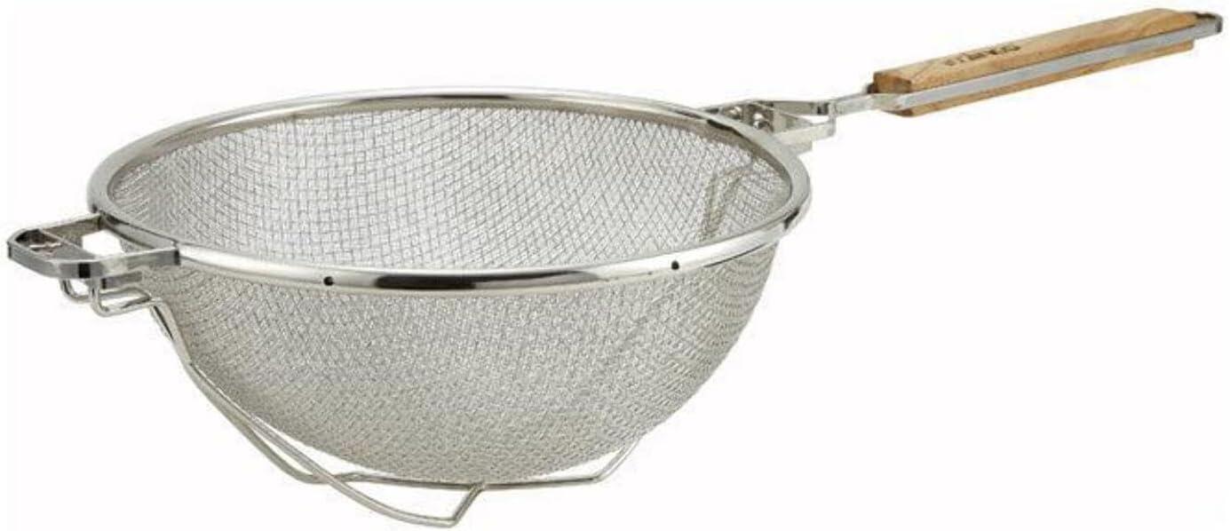 Winco 10.5" Silver Stainless Steel Double Mesh Strainer with Wood Handle