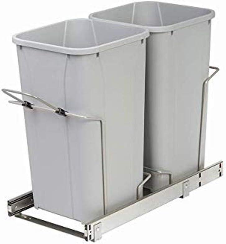 Knape & Vogt 11 in. x 22 in. x 18.75 in. 27 Qt. in-Cabinet Double Soft-Close Bottom-Mount Pull-Out Trash Can - Platinum