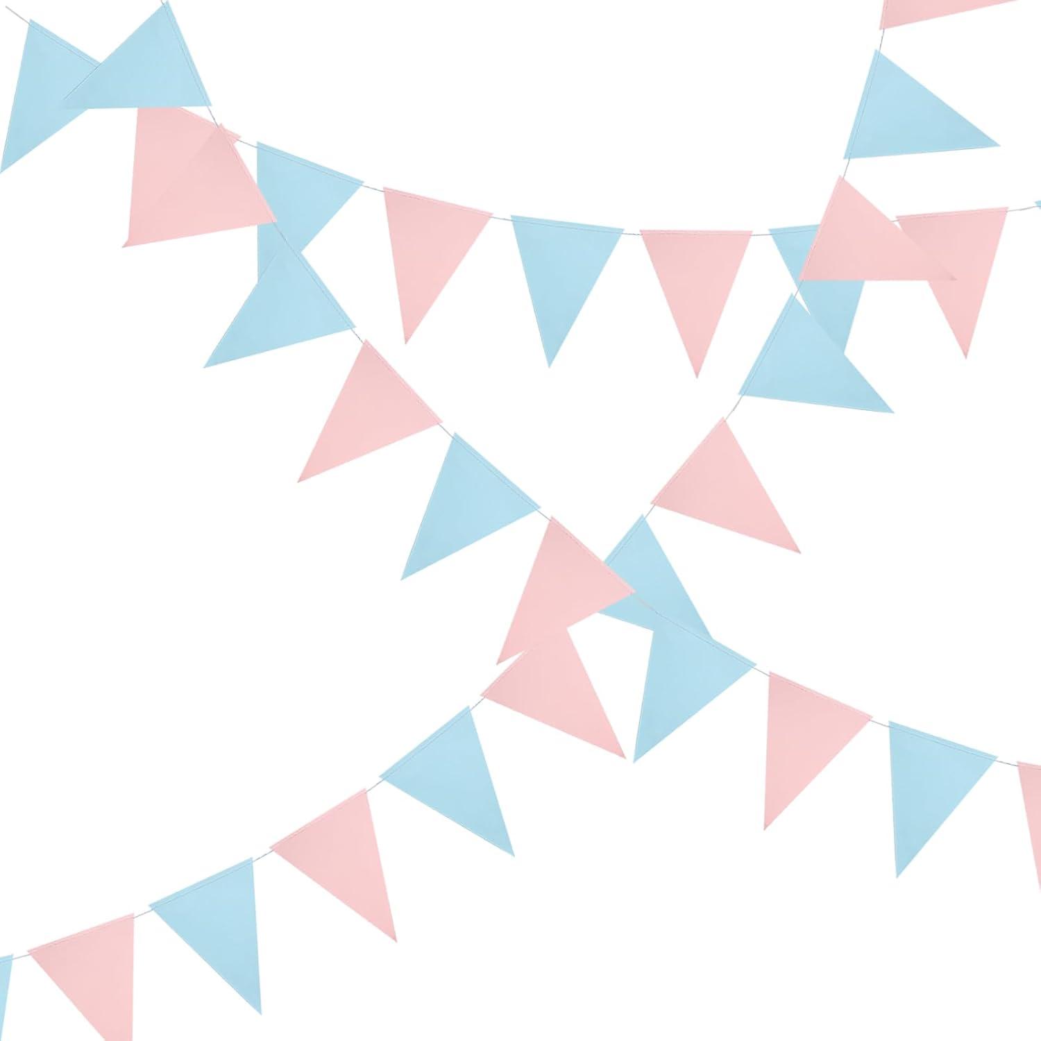 Mefuny 30 Feet Gender Reveal Pennant Banner 48PCS Light Blue and Pink Paper Triangle Flags Hanging Decor for Baby Shower Boy or Girl Gender Reveal Party Backdrop Birthday Party Nursery Decorations