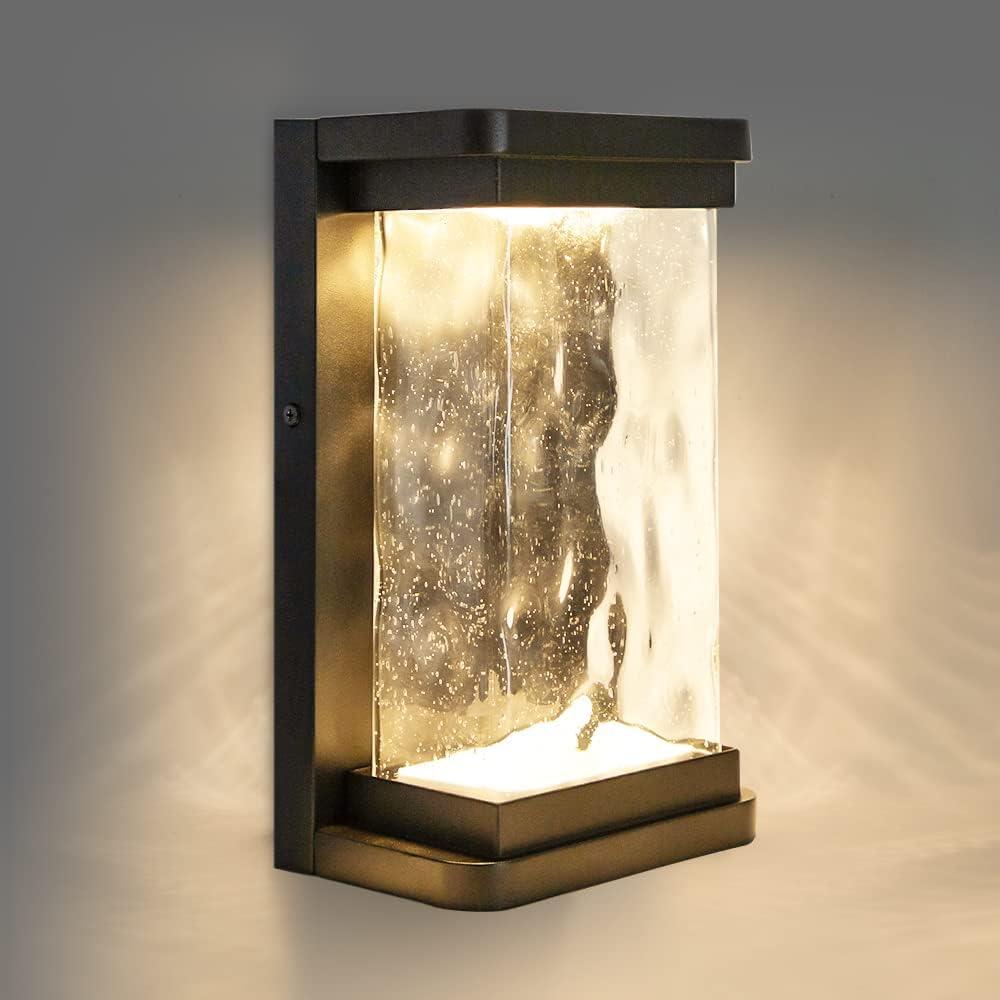 Modern Matte Black LED Outdoor Wall Lantern with Seeded Glass