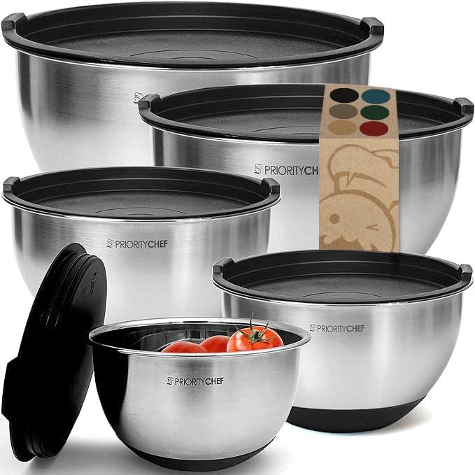 Premium Stainless Steel Mixing Bowls With Airtight Lids - Thick Metal Nesting Bowls For Kitchen, 1.5/2/3/4/5 Quart, Black