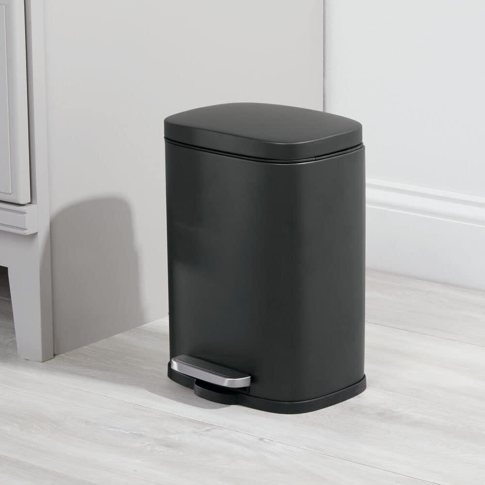 mDesign Stainless Steel Rectangular 1.3 Gallon Foot Step Trash Can, Lid - Black