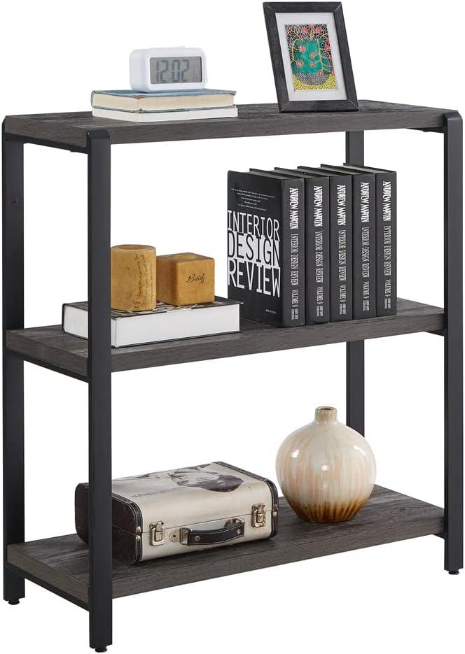 EXCEFUR Bookshelf and Bookcase, 3 Tier Vintage Shelf for Office, Rustic Wood and Metal Book Shelves, Grey
