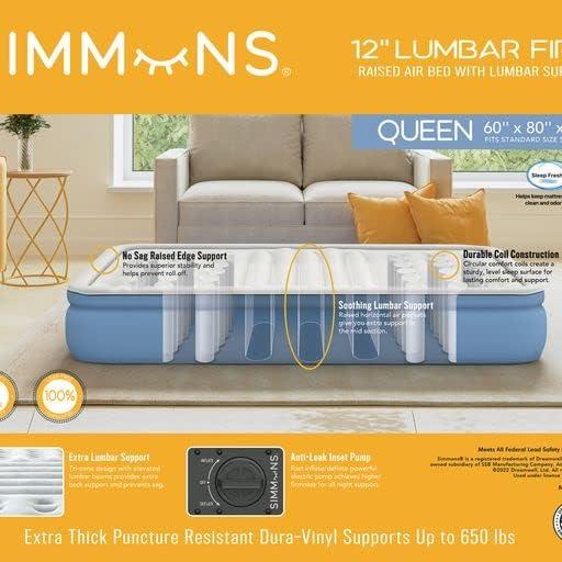 Queen White and Blue Raised Air Mattress with Built-in Pump