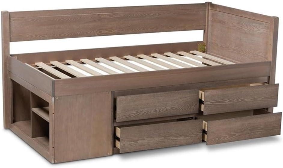 Twin 4 Drawer Levon Wood Storage Bed Antique Oak - Baxton Studio: MDF Frame, No Box Spring Needed