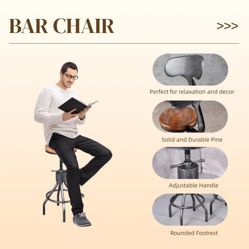 LOKKHAN Set of 2 Rustic Industrial Bar Stool-24-30 Adjustable Metal Swivel Wooden Top Barstools-Counter Height Extra Tall Bar Height-Vintage Farmhouse Kitchen Breakfast Cafe Stool-with Backrest