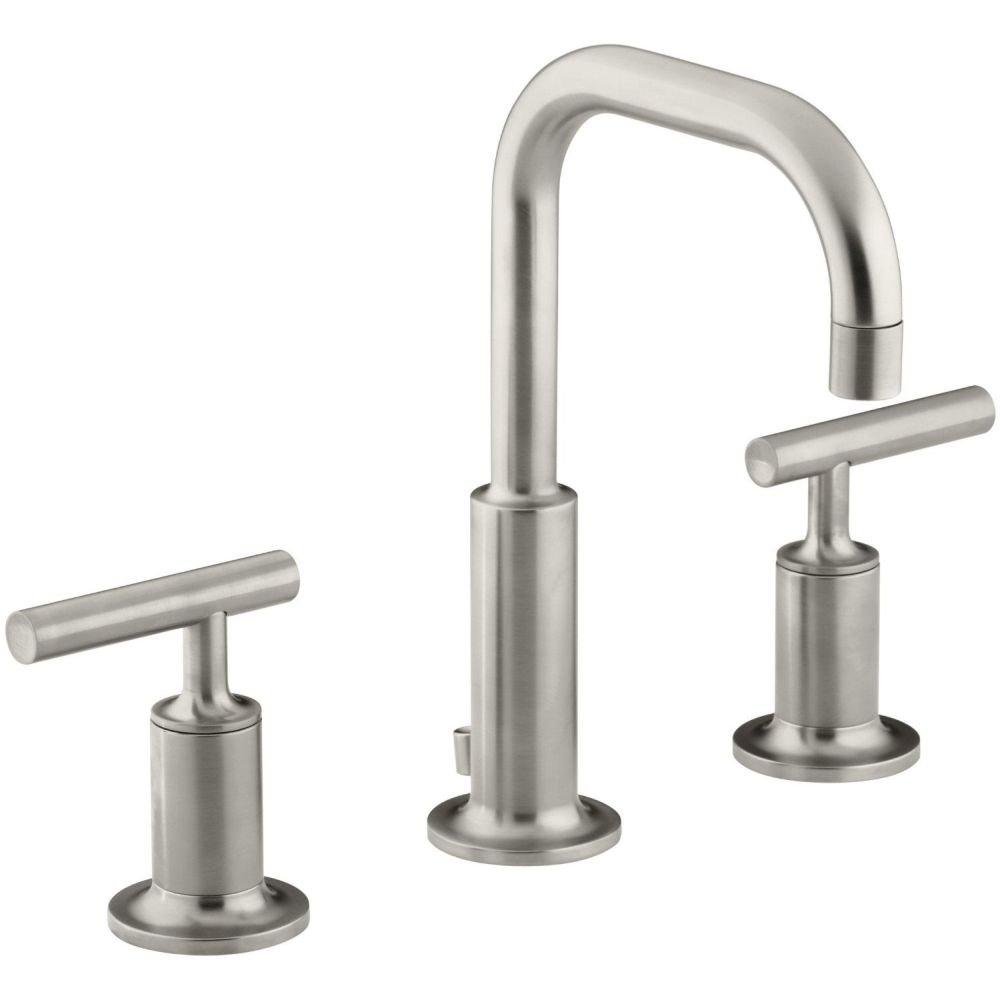 Purist® Widespread Faucet with Drain Assembly Low Lever Handles and Low Gooseneck Spout