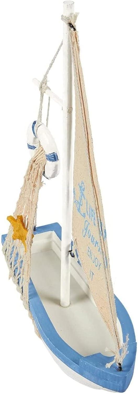 Life is A Journey, Enjoy It Wooden Sailboat Model with Flag, Net, Starfish, and Floating Tube for Nautical Home and Bathroom Boat Decor, Countertop, Shelf (13x8x3 in)