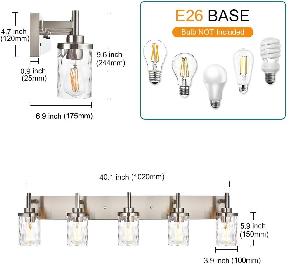 BONLICHT Transitional Vanity Lighting Fixtures Brushed Nickel with Clear Hammered Glass Shade,Farmhouse 5 Light Bathroom Lights Wall Sconces Contemporary Indoor Wall Mount Lights for Kitchen Sink