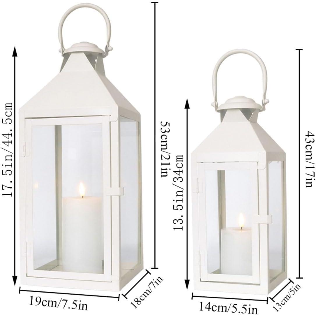 White Metal and Glass Tabletop Hanging Candle Lantern Set