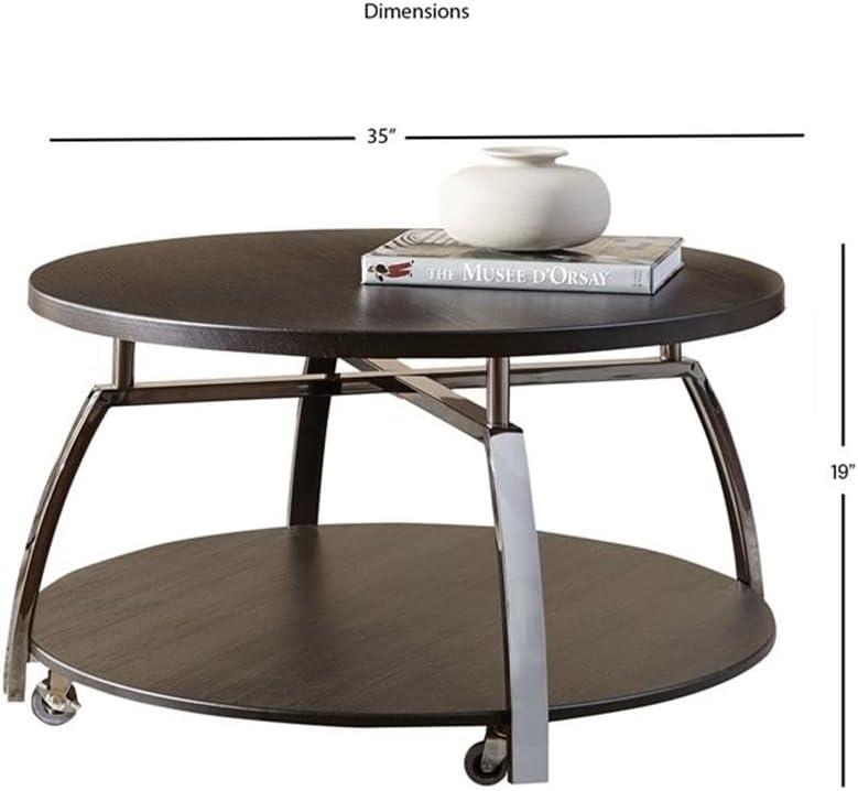 Round Black Nickel and Wood Coffee Table with Casters