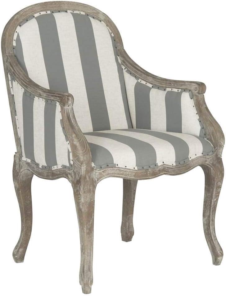 Esther Arm Chair with Awning Stripes  Flat Black Nail Heads - Grey/White - Safavieh