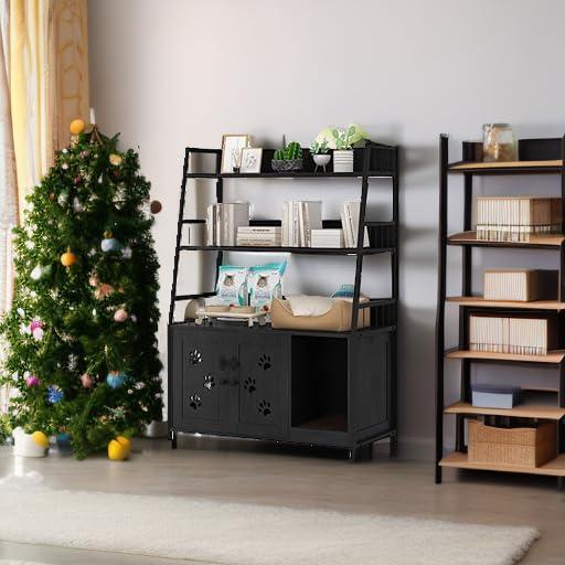 Recaceik Large Cat Litter Box Enclosure with Shelf Storage, Hidden Cat Washroom Furniture, Wooden Cat House with Scratch Pad, Sturdy Indoor Cat Cabinet with 2 Doors, Black