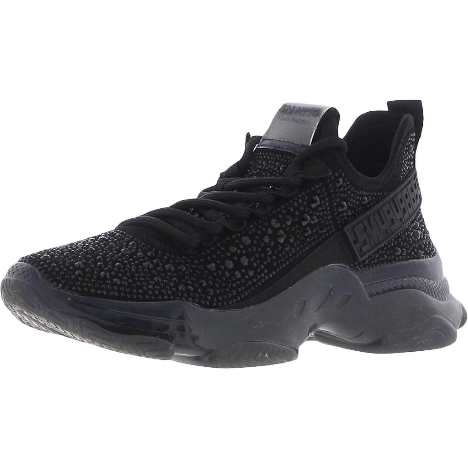 Black Rhinestone Faux Suede Platform Lace-Up Sneakers