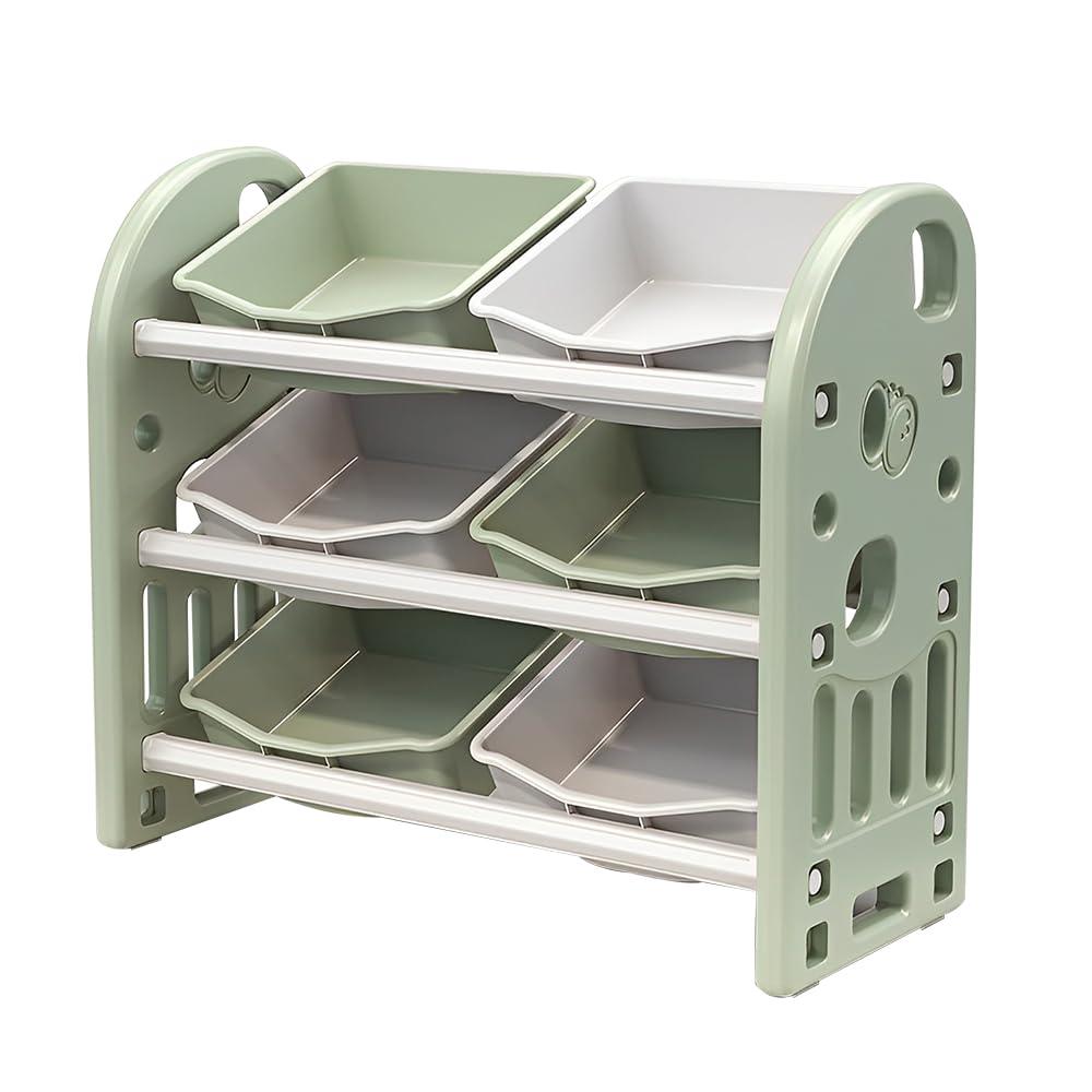 3-Tier Kids Toy Storage Organizer Shelf, Child Storage Cabinet with 6 Plastic Bins, Multi-Functional Nursery Storage Rack for Playroom Bedroom Living Room, Green