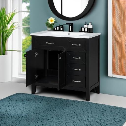 Black 36" Freestanding Bathroom Vanity with Ceramic Sink and Storage