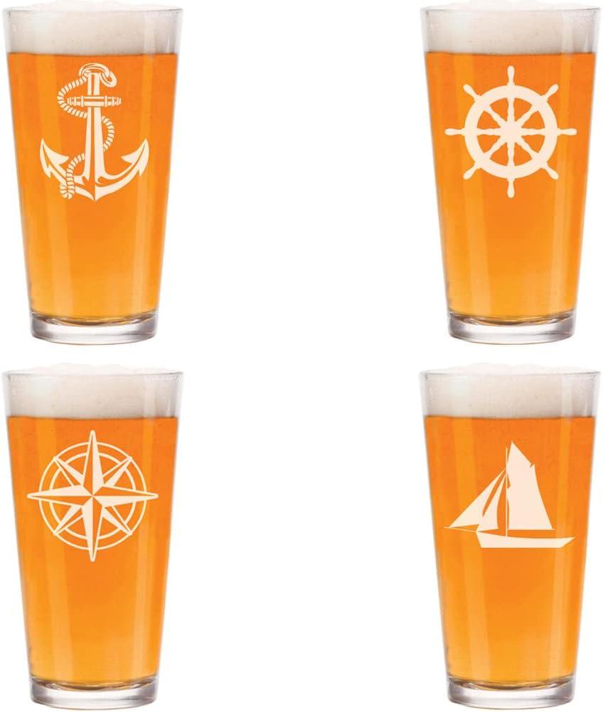 Set of 4 Glass 16 oz Beer Pint Anchor Boat Compass Nautical Collection
